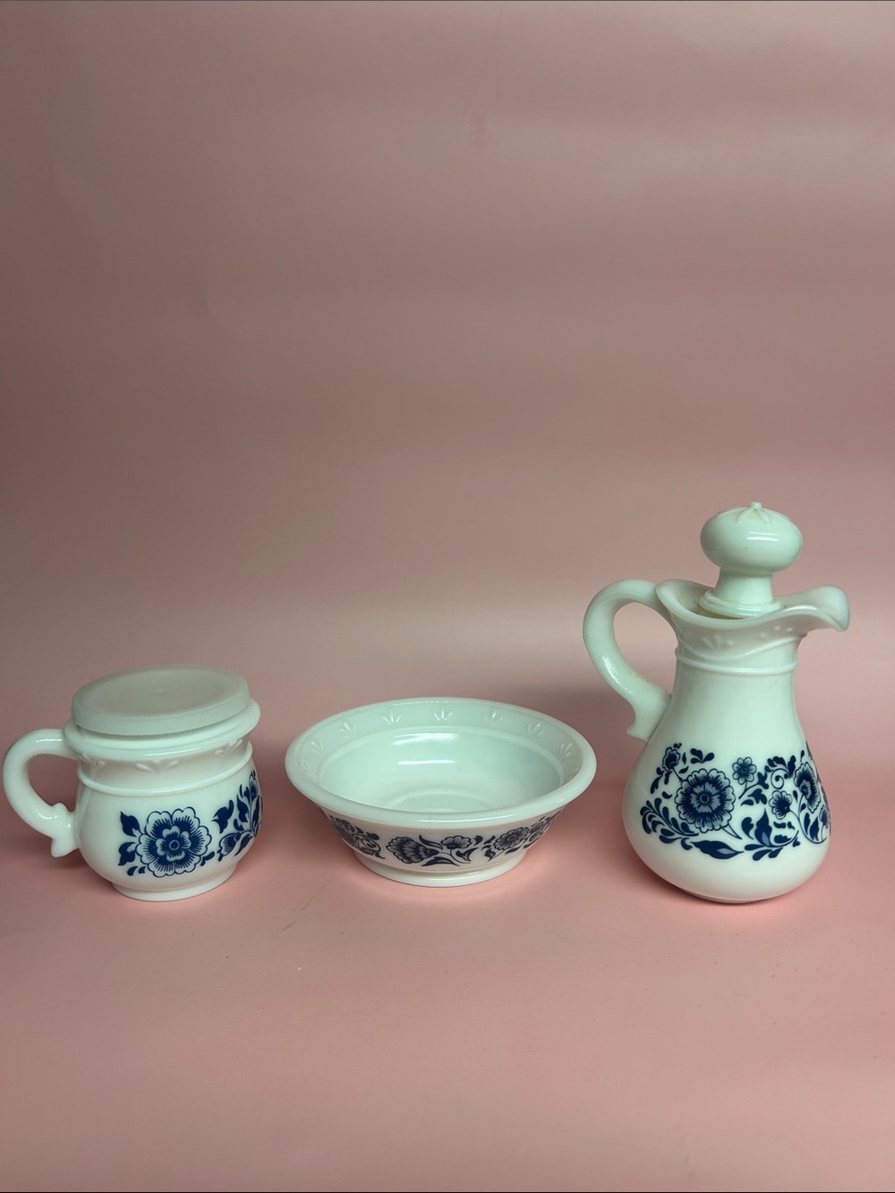 Vintage Avon Milk Glass Pitcher and Bowl: Delft Blue Floral Bath Set of 3 pcs
